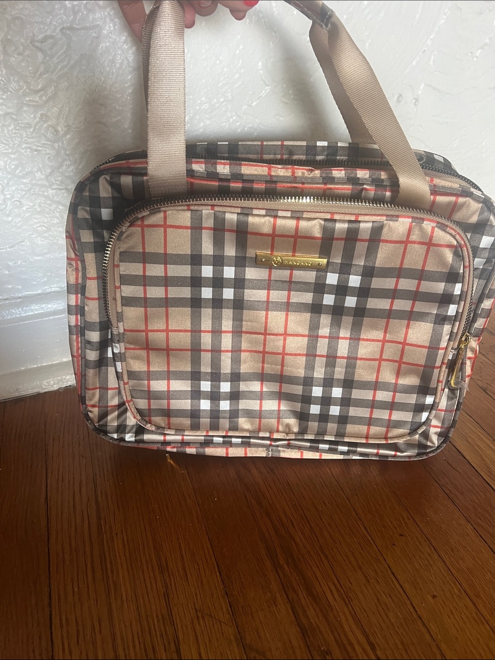 Brand new Plaid Canvas Travel organizer Tote Bag - Beige/Tan